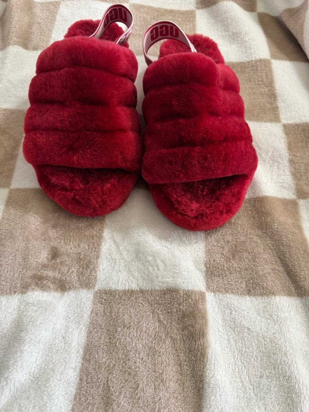 UGG Red Fluff Cozy Slide with Elastic Heel Strap